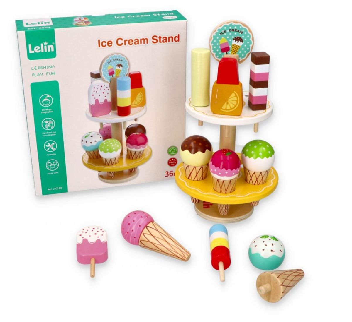 Ensemble de jouets pour la cuisine Pour faire semblant de la crème glacée et support Lelin Lot de 10 supports en bois pour crème glacée 