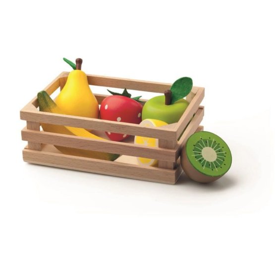 Fruits en bois dans une caisse