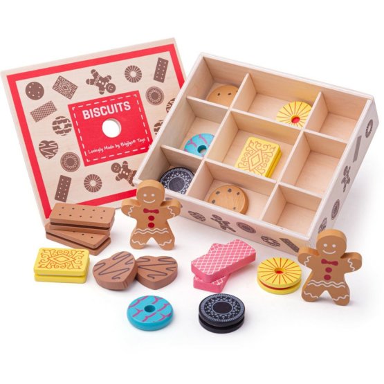 Boîte à jouets Bigjigs avec biscuits en bois