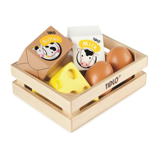 Caisse en bois Tidlo avec produits laitiers et œufs