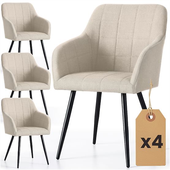 4x Chaise rembourrée avec surpiqûres carrées Beige LUXANO Pieds noirs tissu Lumos