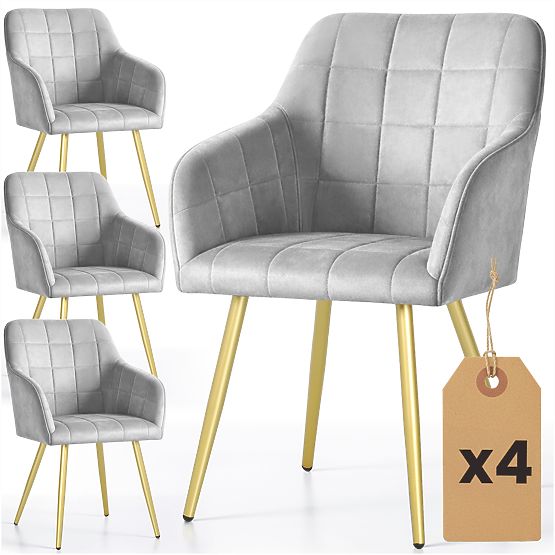 4x Chaise rembourrée avec surpiqûres carrées Grise LUXANO Pieds dorés