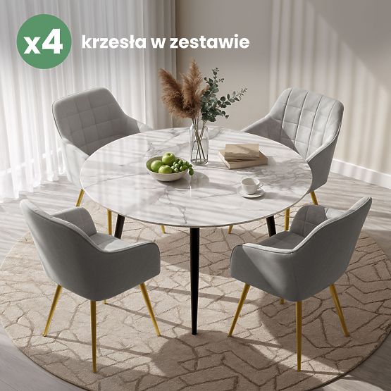 4x Chaise rembourrée avec surpiqûres carrées Grise LUXANO Pieds dorés