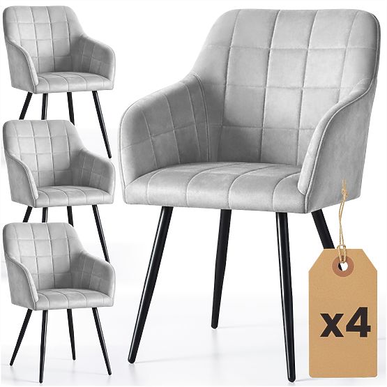 4x Chaise rembourrée avec surpiqûres carrées Grise LUXANO Pieds noirs