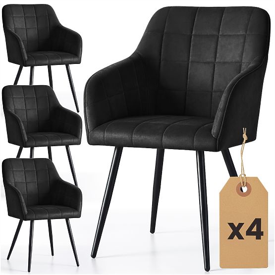 4x Chaise rembourrée avec surpiqûres carrées Noire LUXANO Pieds noirs