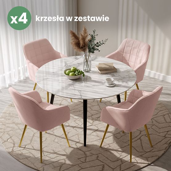 4x Chaise rembourrée avec surpiqûres carrées Rose Poudré LUXANO Pieds dorés