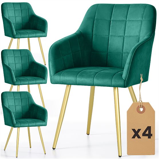 4x Chaise rembourrée avec surpiqûres carrées Vert bouteille LUXANO Pieds dorés