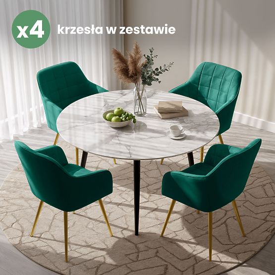 4x Chaise rembourrée avec surpiqûres carrées Vert bouteille LUXANO Pieds dorés