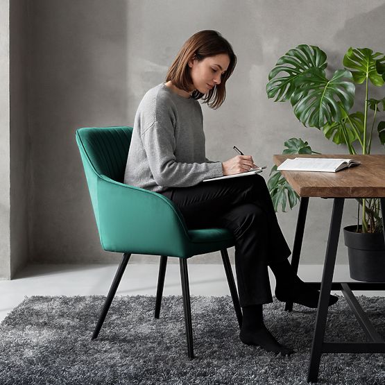 6x Chaise en Velours Capitonnée avec Surpiqûres Vert Bouteille FLORENCE Pieds Noirs