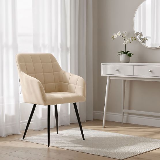 6x Chaise rembourrée avec coutures carrées Beige LUXANO Pieds noirs