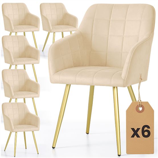 6x Chaise rembourrée avec surpiqûres carrées Beige LUXANO Pieds dorés