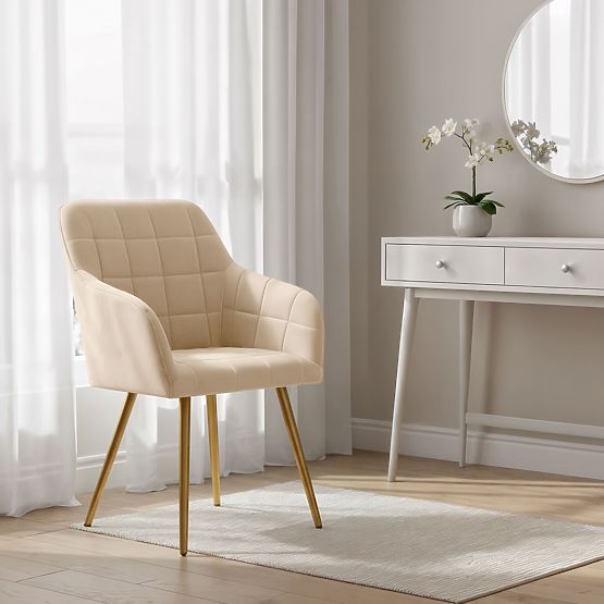 6x Chaise rembourrée avec surpiqûres carrées Beige LUXANO Pieds dorés