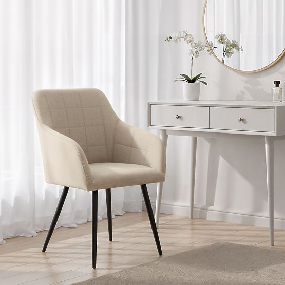 6x Chaise rembourrée avec surpiqûres carrées Beige LUXANO Pieds noirs tissu Lumos