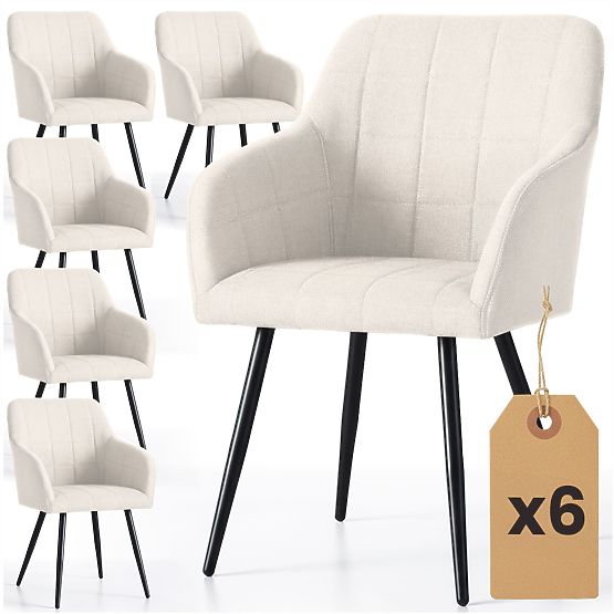 6x Chaise rembourrée avec surpiqûres carrées Crème LUXANO Pieds noirs tissu Lumos