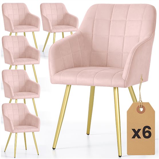 6x Chaise rembourrée avec surpiqûres carrées Rose Poudré LUXANO Pieds dorés
