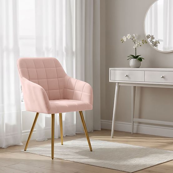 6x Chaise rembourrée avec surpiqûres carrées Rose Poudré LUXANO Pieds dorés