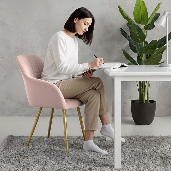 6x Chaise rembourrée avec surpiqûres carrées Rose Poudré LUXANO Pieds dorés
