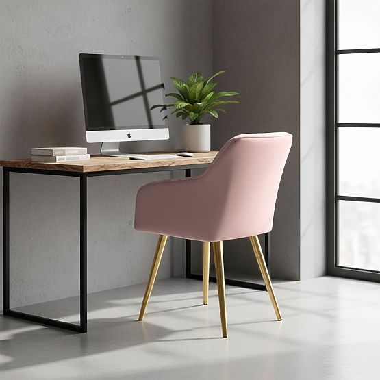 6x Chaise rembourrée avec surpiqûres carrées Rose Poudré LUXANO Pieds dorés