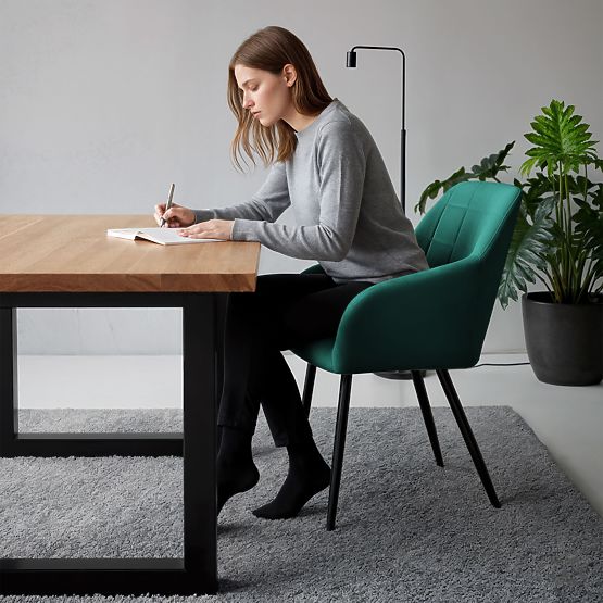 6x Chaise rembourrée avec surpiqûres carrées Vert Bouteille LUXANO Pieds Noirs