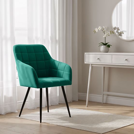 6x Chaise rembourrée avec surpiqûres carrées Vert Bouteille LUXANO Pieds Noirs
