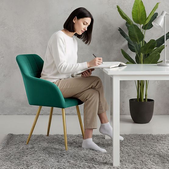 6x Chaise Rembourrée avec Surpiqûres Carrées Vert Émeraude LUXANO Pieds Dorés