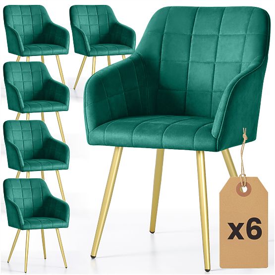 6x Chaise Rembourrée avec Surpiqûres Carrées Vert Émeraude LUXANO Pieds Dorés