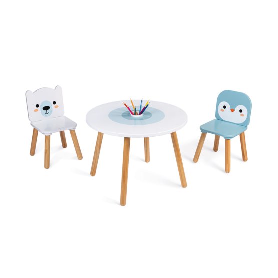 Janod Table et 2 chaises en bois - Ours et Pingouin
