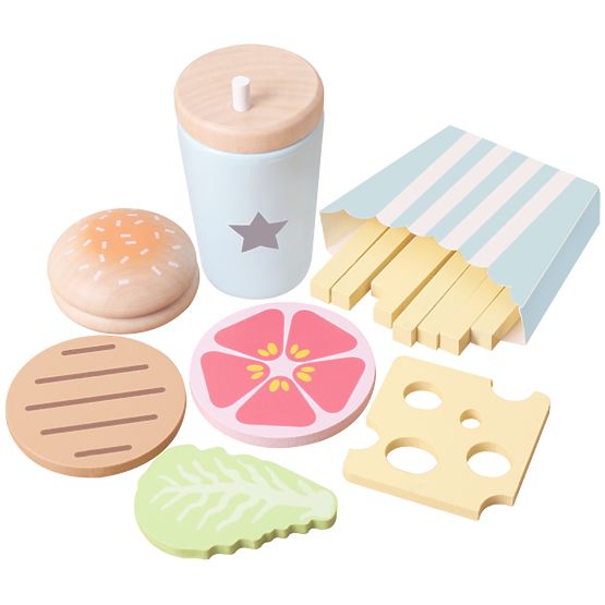 Aliments en bois - découpe - coffret repas frites