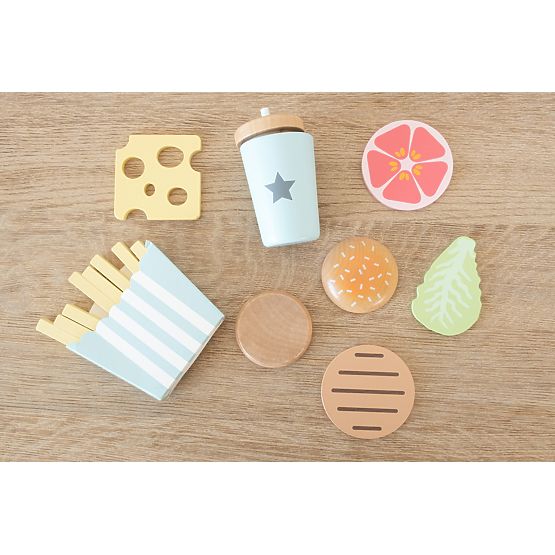 Aliments en bois - découpe - coffret repas frites