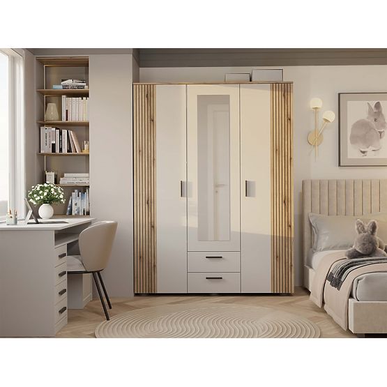 ARMOIRE AVA 150 CM MIROIR 2 TIROIRS FAÇADE RAINURÉE CHÊNE ÉVOQUE BEIGE CACHEMIRE