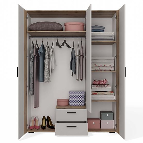ARMOIRE AVA 150 CM MIROIR 2 TIROIRS FAÇADE RAINURÉE CHÊNE ÉVOQUE BEIGE CACHEMIRE