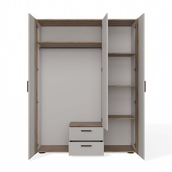 ARMOIRE AVA 150 CM MIROIR 2 TIROIRS FAÇADE RAINURÉE CHÊNE ÉVOQUE BEIGE CACHEMIRE