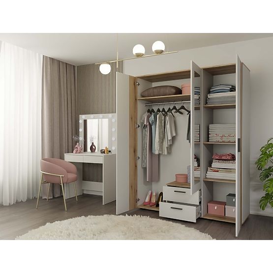 ARMOIRE AVA 150 CM MIROIR 2 TIROIRS FAÇADE RAINURÉE CHÊNE ÉVOQUE BEIGE CACHEMIRE
