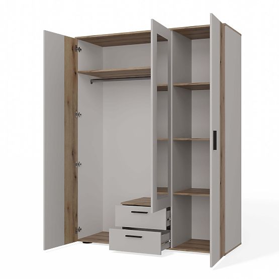 ARMOIRE AVA 150 CM MIROIR 2 TIROIRS FAÇADE RAINURÉE CHÊNE ÉVOQUE BEIGE CACHEMIRE