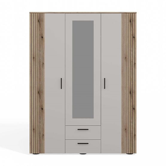 ARMOIRE AVA 150 CM MIROIR 2 TIROIRS FAÇADE RAINURÉE CHÊNE ÉVOQUE BEIGE CACHEMIRE
