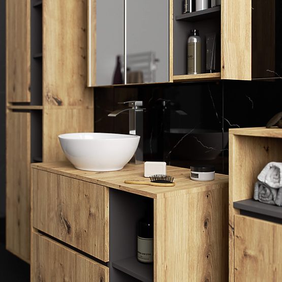 ARMOIRE DE SALLE DE BAIN SOUS LAVABO AVEC TROUS VAMI W90 UM 2SZ 2P CHÊNE ARTISAN / GRIS GRAPHITE