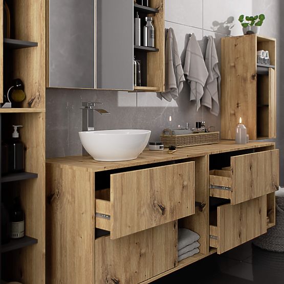ARMOIRE DE SALLE DE BAIN SOUS LAVABO AVEC TROUS VAMI W90 UM 2SZ 2P CHÊNE ARTISAN / GRIS GRAPHITE