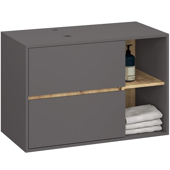 ARMOIRE DE SALLE DE BAIN SOUS LAVABO AVEC TROUS VAMI W90 UM 2SZ 2P GRIS GRAPHITE / CHÊNE ARTISAN