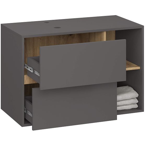 ARMOIRE DE SALLE DE BAIN SOUS LAVABO AVEC TROUS VAMI W90 UM 2SZ 2P GRIS GRAPHITE / CHÊNE ARTISAN