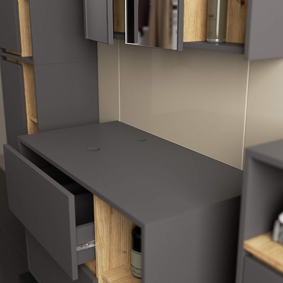 ARMOIRE DE SALLE DE BAIN SOUS LAVABO AVEC TROUS VAMI W90 UM 2SZ 2P GRIS GRAPHITE / CHÊNE ARTISAN