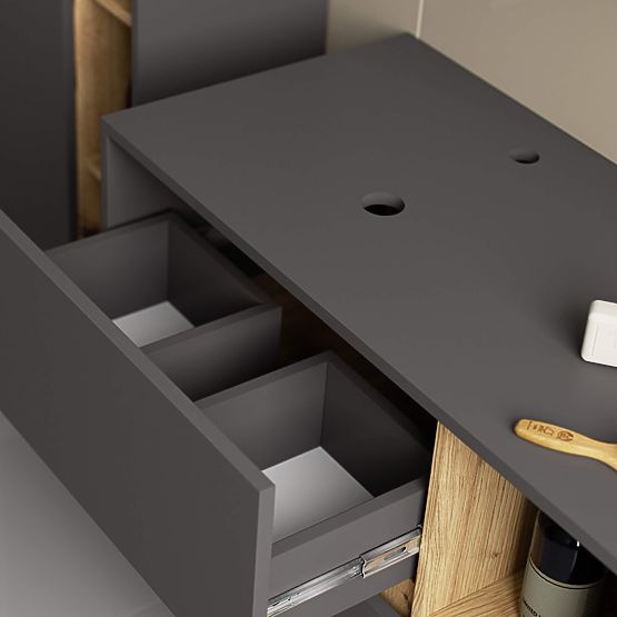 ARMOIRE DE SALLE DE BAIN SOUS LAVABO AVEC TROUS VAMI W90 UM 2SZ 2P GRIS GRAPHITE / CHÊNE ARTISAN