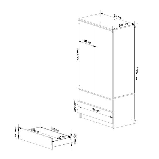 ARMOIRE S 90 cm 2 PORTES 2 TIROIRS 2 MIROIRS PK WENGE / BLANC