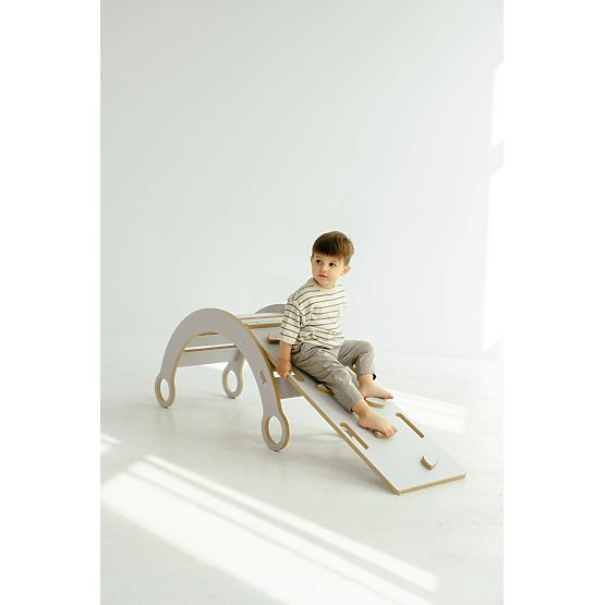 Balançoire en bois Montessori avec toboggan/mur d'escalade M - blanc