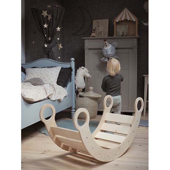 Balançoire Montessori en bois avec toboggan/mur d'escalade M - naturel