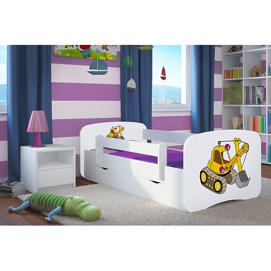 Lit pour enfant avec barrière Ourbaby - pelleteuse - blanc