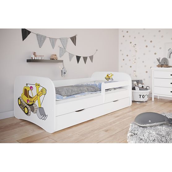 Lit pour enfant avec barrière Ourbaby - pelleteuse - blanc