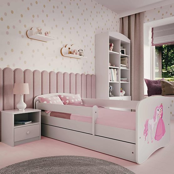 Lit pour enfant avec barrière Ourbaby - Princesse avec un cheval - blanc