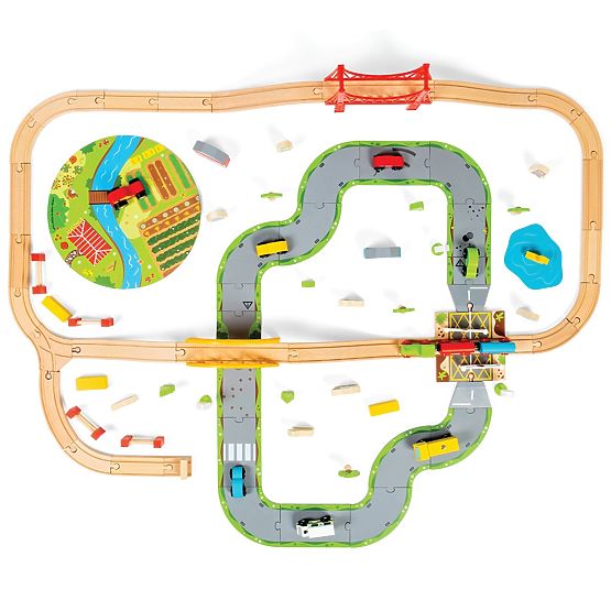 Bigjigs Rail Voie ferrée en bois avec route de campagne 80 pièces
