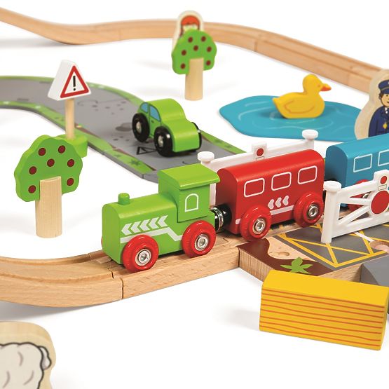 Bigjigs Rail Voie ferrée en bois avec route de campagne 80 pièces