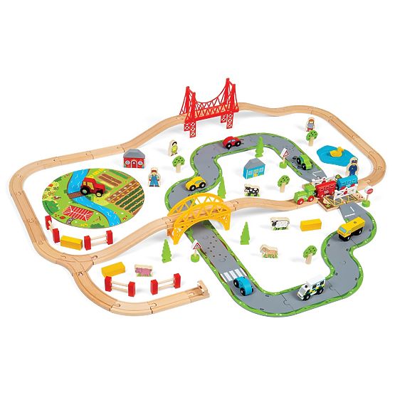 Bigjigs Rail Voie ferrée en bois avec route de campagne 80 pièces